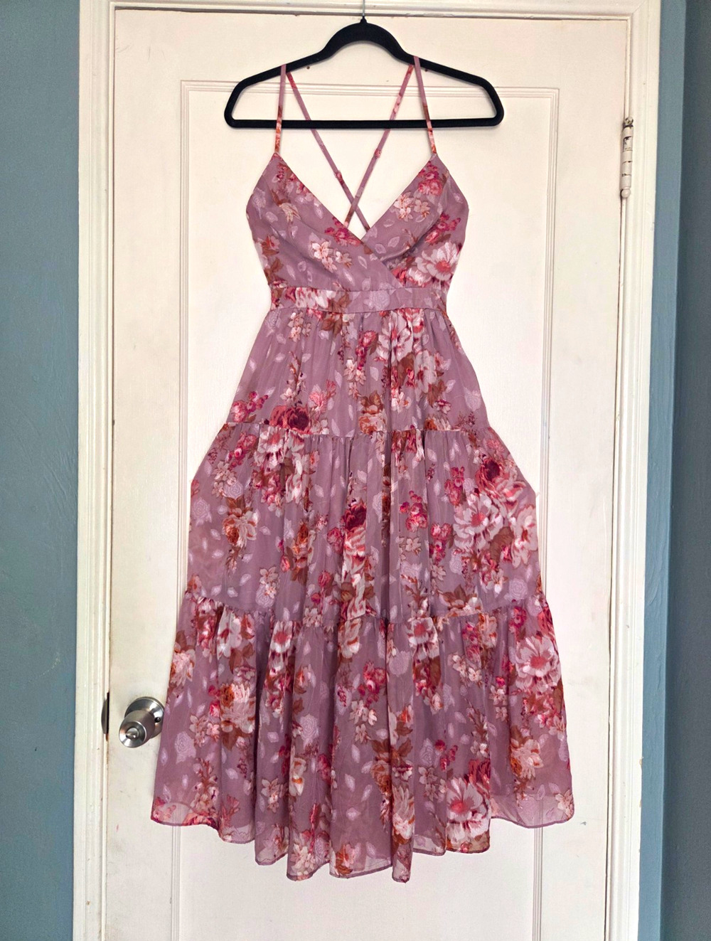 Lulus Sz S Pink Floral Spaghetti Strap V-Neck A-Line Midi Dress
